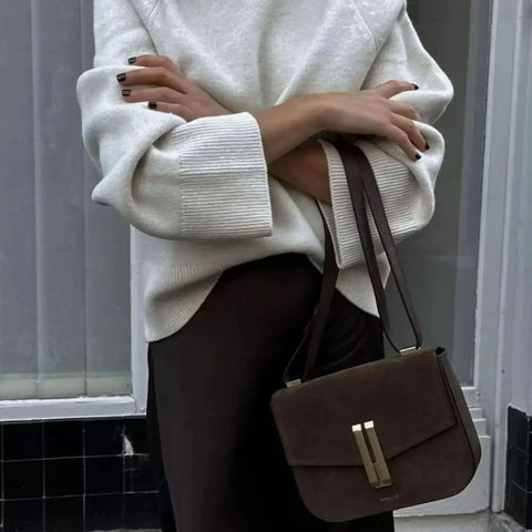 Suede Leather Shoulder Bag Minimalist Commuter Style Soft Texture Compact Capacity