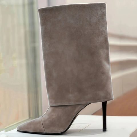 2025 EU/US Suede Mid-Calf Boots - Pointed Toe Stiletto Heels Solid Color Over Pants Boots for Women Office Chic Winter Footwear